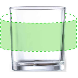 A clear glass tumbler with a straight edge and a thick base, featuring a green outline indicating a design area.
