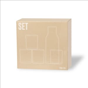 A glassware set featuring a drink bottle and three matching glasses, presented in a plain cardboard box.