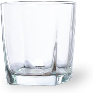 A clear glass tumbler with a square base and smooth edges, featuring a minimalist design.