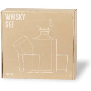 A whisky set featuring a glass decanter and two whisky tumblers in a cardboard box with a simple design.