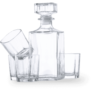A clear glass whisky decanter set featuring a rectangular decanter and three matching tumblers.
