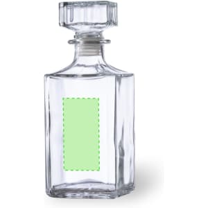 A glass whisky decanter with a square base and a round stopper, featuring an empty label area.