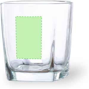 A clear glass tumbler with a square base and straight sides, featuring an empty green-dashed area for customisation.