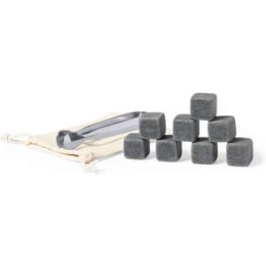 A set of grey whisky stones, a stainless steel tong, and a drawstring bag for storage.