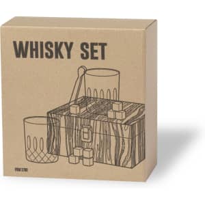 A whisky set packaged in a cardboard box featuring illustrations of glasses and ice cubes. The box has a brown finish.