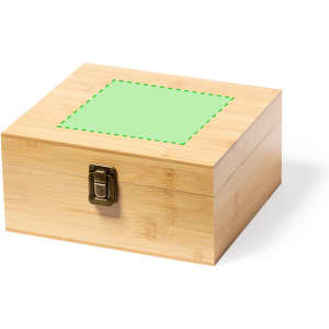 A rectangular bamboo box with a metal clasp, featuring a green area on the top surface.