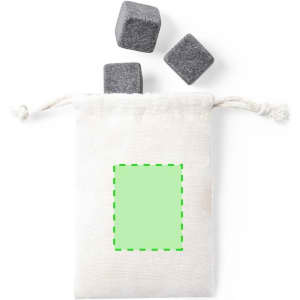 A natural fabric pouch with a drawstring, containing three grey whisky stones.
