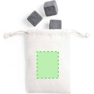 A cream drawstring bag containing three grey whisky stones. The bag has a logo but no other design elements.