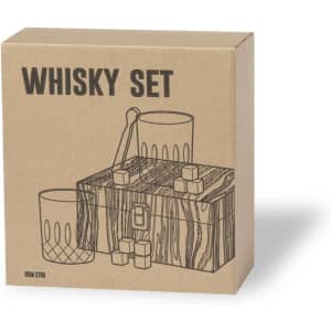 A whisky set displayed in a cardboard box featuring two glasses and ice cube stones, with a wood-patterned design.