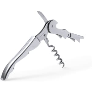 A stainless steel corkscrew with a bottle opener and knife. It features a sleek, shiny finish and multiple tools.