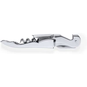 A stainless steel corkscrew with a spiral corkscrew and a lever for easy use. It has a branded logo on the side.