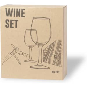 A wine set box with two wine glasses, a corkscrew, and a wooden gift box design, featuring a simple line drawing.