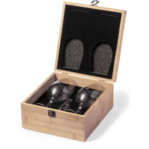 A bamboo wine set featuring two glass wine glasses in a neatly designed box with a cushioned interior.