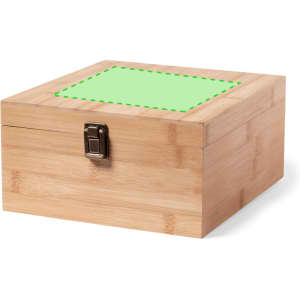 A bamboo box with a hinged lid, featuring a blank green area on the top for customisation.