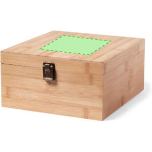A bamboo box with a metallic clasp, featuring a green decorative area on the lid.