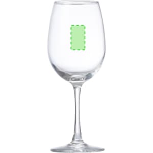 A clear wine glass with a tall stem, featuring a blank label area for customisation.