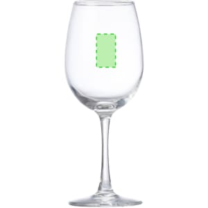 A clear wine glass with a tall stem, featuring an empty space for branding or design.