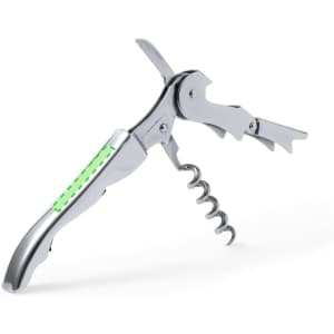 A silver corkscrew with multiple tools, including a bottle opener and knife, featuring a green accent.
