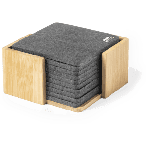 A coaster set featuring grey felt coasters neatly stored in a wooden holder. Minimalistic and stylish design.