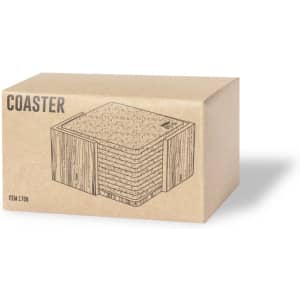 A coaster set in a cardboard box, featuring cork material and a wood-like design. The box has a logo.
