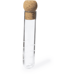 A clear glass infuser with a cork stopper, featuring measurement markings on the side.