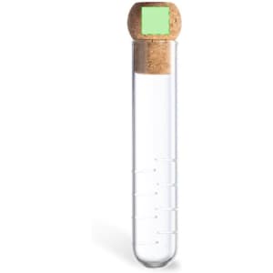 A clear glass test tube with a cork stopper, featuring a green square label on top.