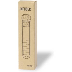A drink bottle in a cardboard package, featuring a cork lid and a clear design for infusing beverages.