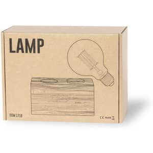 A lamp packaging in a natural wood design with a light bulb illustration. It features a logo on the box.
