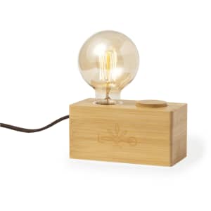 A bamboo lamp featuring a round glass bulb and a wooden base with a control knob. It has a natural finish.