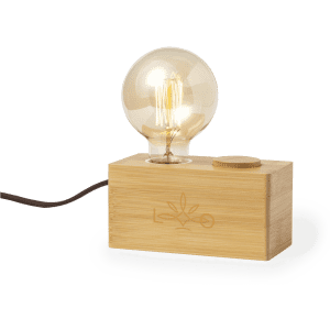 A bamboo lamp with a spherical bulb and a wooden switch, featuring a subtle engraved logo.