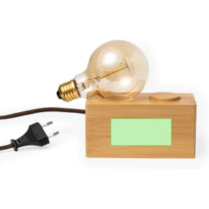 A bamboo lamp with a clear bulb and a brown power cord. The base has a logo and a rectangular coloured area.