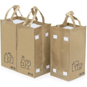 A tan bag set featuring two sizes, each with sturdy handles and illustrative designs on the front.