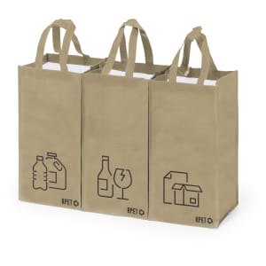 A set of three reusable bags in tan, featuring icons for different types of recyclable items and a logo.