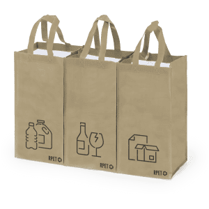 Three tan reusable bags with handles, featuring icons for recycling and a logo. Made from RPET material.