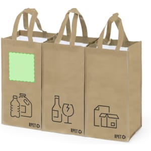 Three tan eco-friendly bags with handles, featuring simple graphics for sorting various items, including bottles and containers.