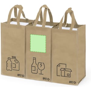 A set of three tan bags with sturdy handles and logos, designed for various items.