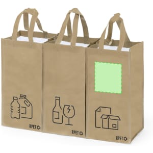 A set of three reusable brown bags with handles, featuring icons for recycling and various container types.