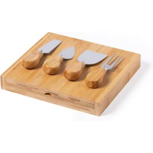 A bamboo cheese board set featuring four stainless steel knives with wooden handles.