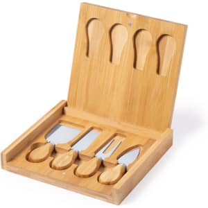 A cheese knife set featuring five stainless steel knives with bamboo handles, enclosed in a bamboo storage box.