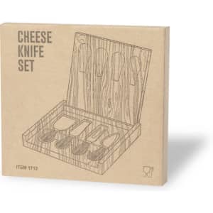 A cheese knife set in a wooden box with a minimalist design, featuring five utensils for serving cheese.