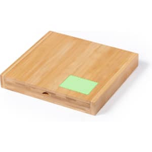 A bamboo cheese knife set featuring a wooden case with a green patch, designed for cheese serving.
