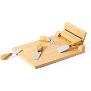 A cheese knife set featuring four stainless steel knives with wooden handles, arranged on a bamboo cutting board.