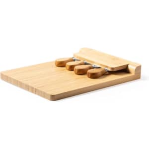 A cheese knife set featuring a wooden board and four stainless steel knives with wooden handles.