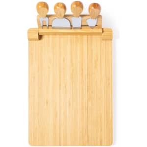 A bamboo cheese board featuring four stainless steel knives with wooden handles, neatly arranged on top.