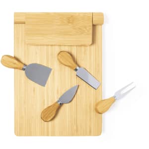 A bamboo cheese board with four silver cheese knives featuring wooden handles. The set has a logo on the board.