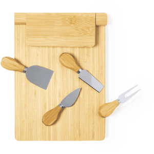 A bamboo cheese board featuring four cheese knives with wooden handles. Includes a cheese fork, spreader, and two different blades.
