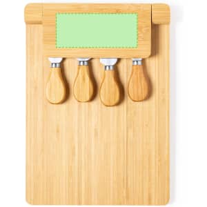 A bamboo cheese board set featuring four cheese knives with wooden handles and a green space for branding.