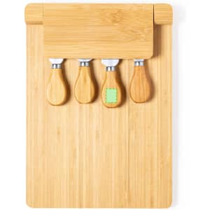 A bamboo cheese board set featuring four cheese knives with wooden handles, and a logo on the board.