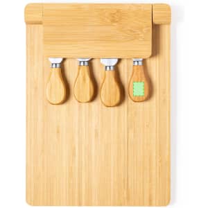 A bamboo cheese board set featuring four cheese knives with wooden handles. The set includes a storage section.