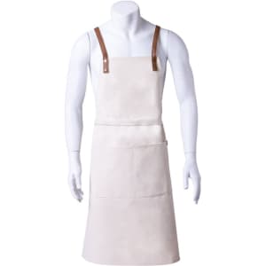 A light-coloured apron with leather straps and a front pocket, displayed on a mannequin.